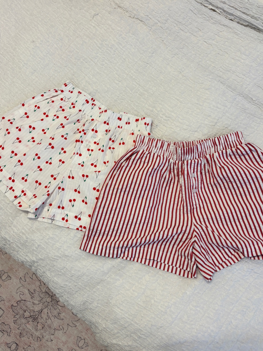 Women’s Red Cherry Print and Red Stripe Elastic Waist Short- Pack of 2